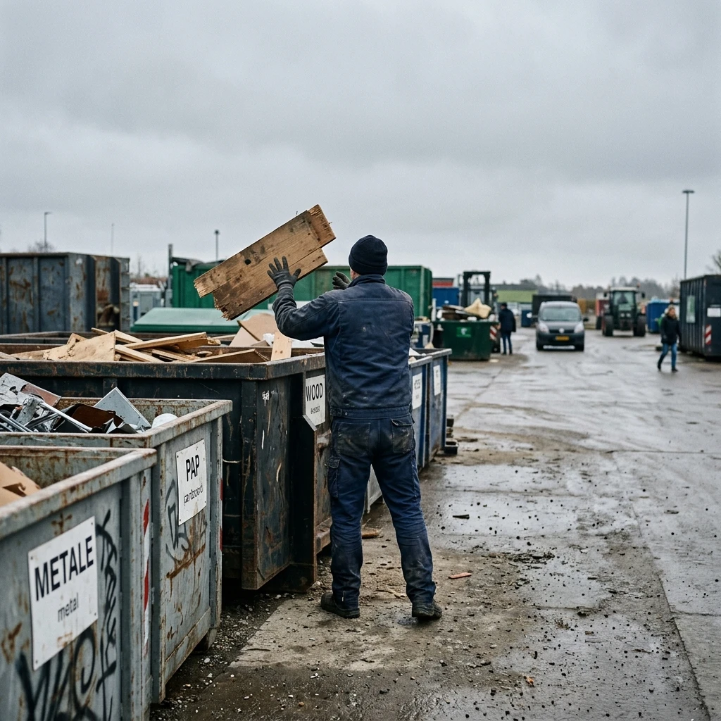 Mand smider et bræt i en container på genbrugspladsen